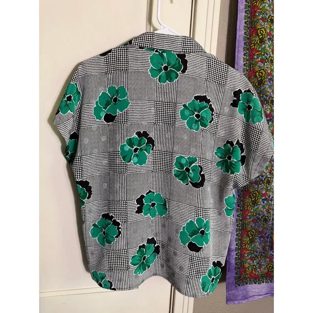 Vintage 80s Fink Modell 2 Piece Skirt Blouse Set Green Floral Plaid Size 40/L